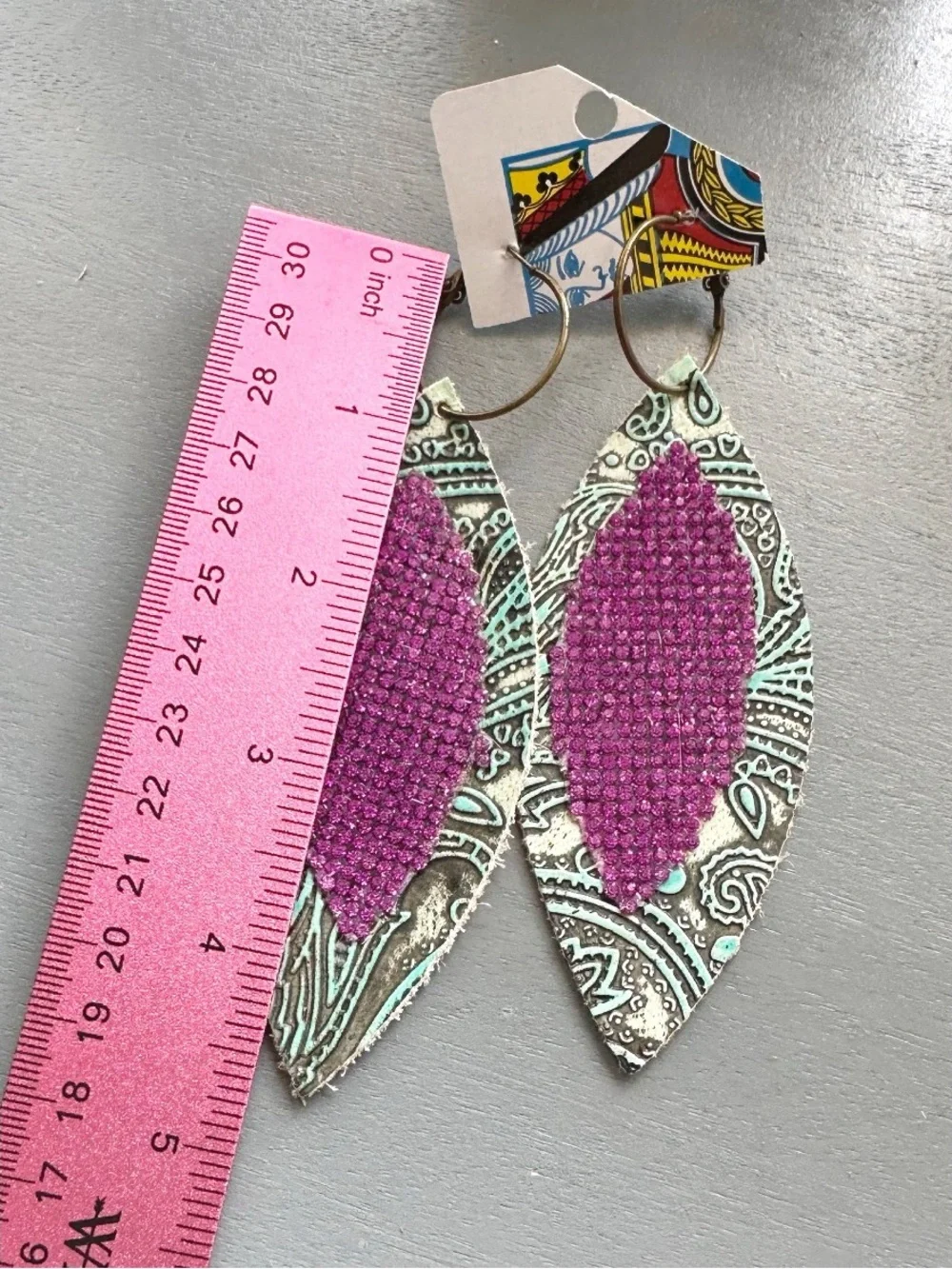 Sandra Ling Blue/ pink earrings, pinched leaf design tooled leather